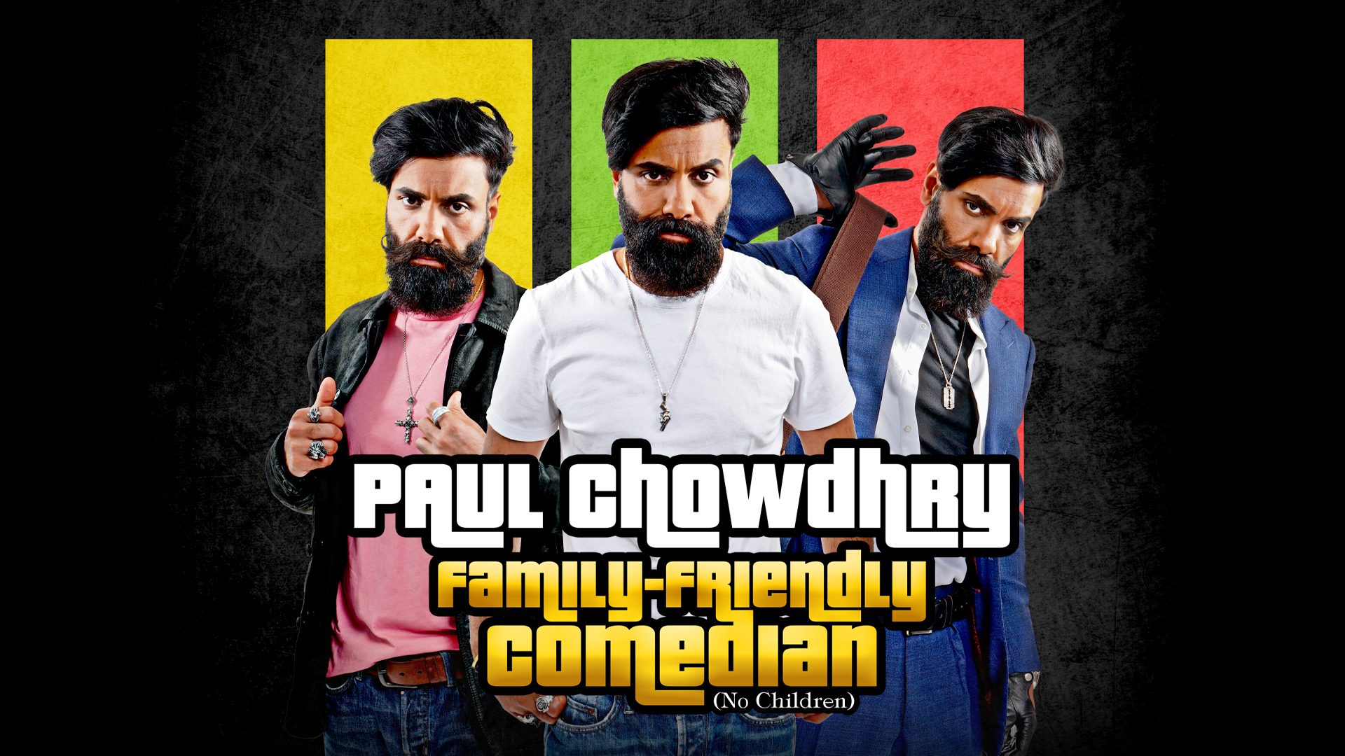 Paul Chowdhry performing on stage, smiling, with a microphone in hand and audience in the background.