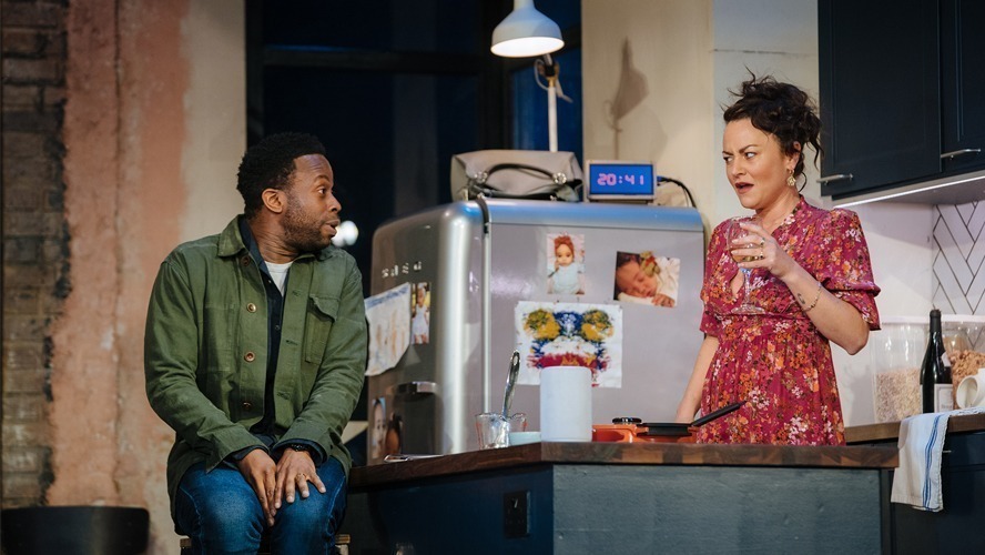 Clifford Samuel as Sam and Jaime Winstone as Jenny in a dramatic scene from A Ghost Story.