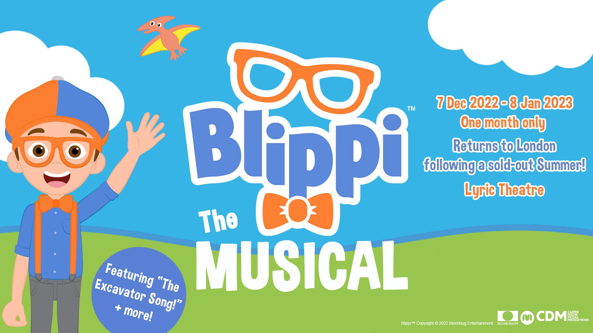 Blippi in a festive Christmas outfit, surrounded by colourful buttons and holiday decorations.