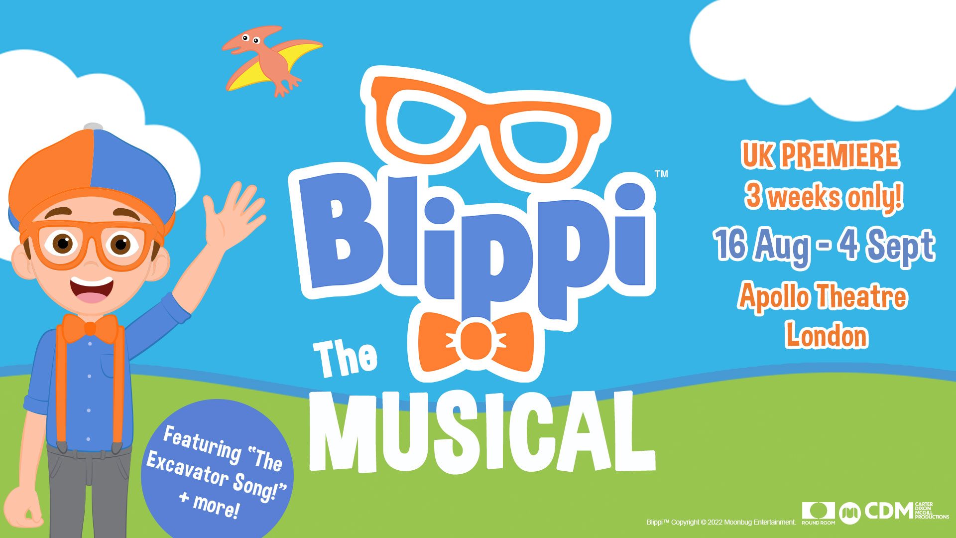 Colourful buttons featuring Blippi characters, designed for promotional use in Blippi The Musical.