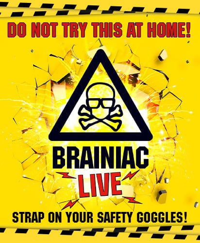 Brightly coloured graphic featuring the text "Brainiac Live" with playful design elements.