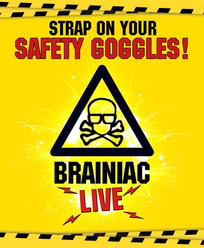 Colourful graphic featuring the text "Brainiac Live" with dynamic shapes and patterns in the background.