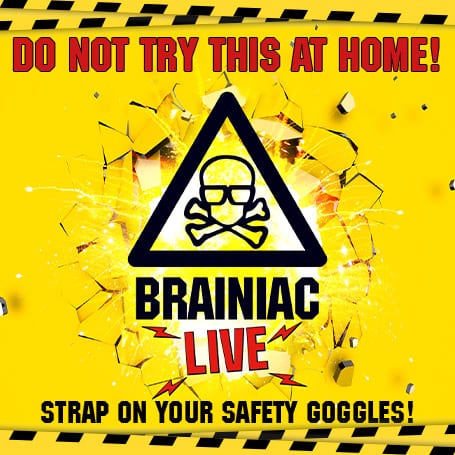 A vibrant graphic featuring the title "Brainiac Live" with colourful abstract shapes and patterns.