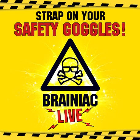 Colourful promotional graphic featuring the title "Brainiac Live" with engaging visuals and dynamic typography.