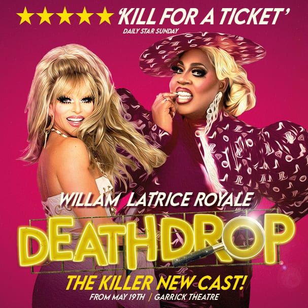 Colourful promotional graphic for "Death Drop 2" featuring vibrant text and theatrical imagery.