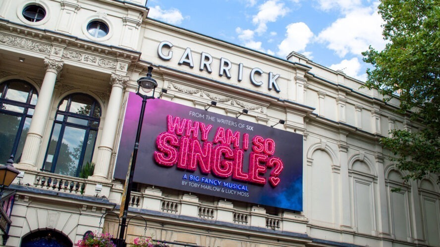 Garrick Theatre exterior featuring a classic façade and illuminated signage at night.