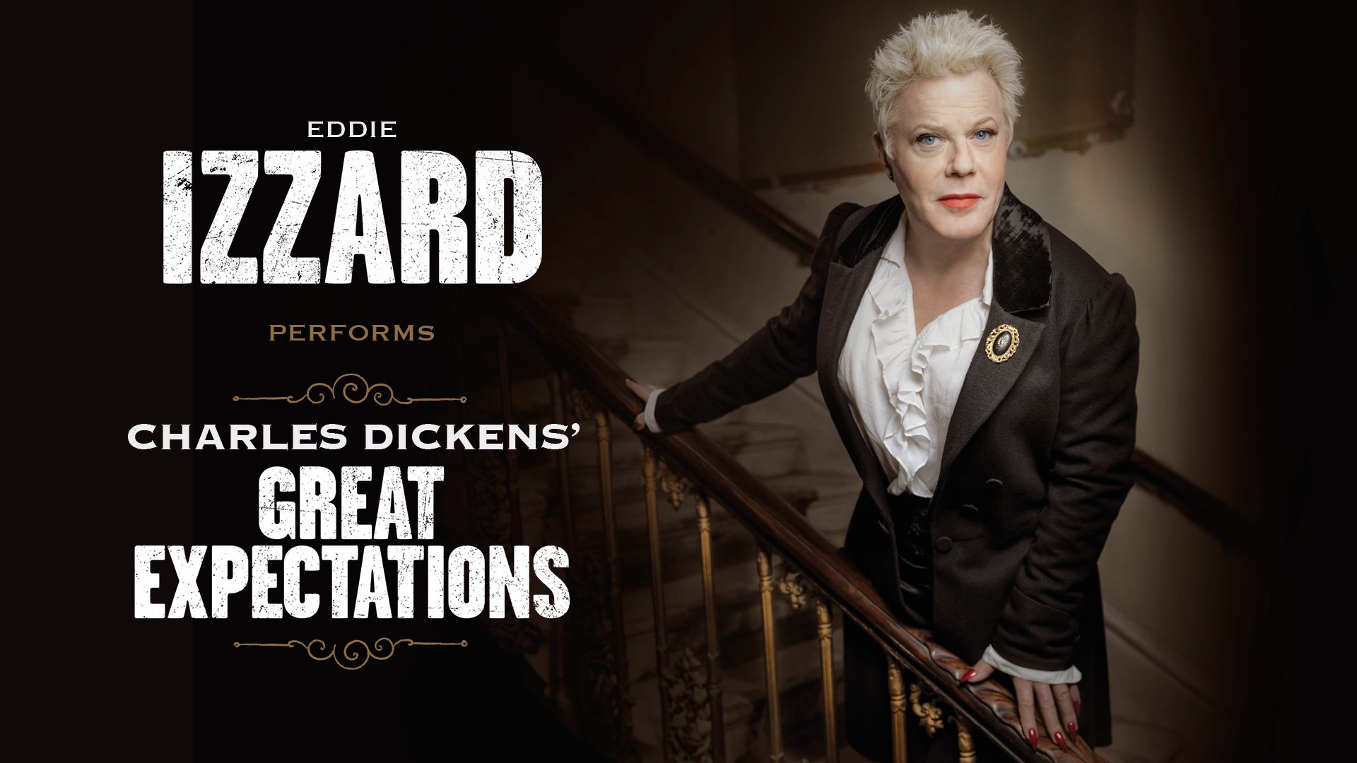 A vibrant stage set for "Great Expectations" featuring dramatic lighting and intricate scenery.