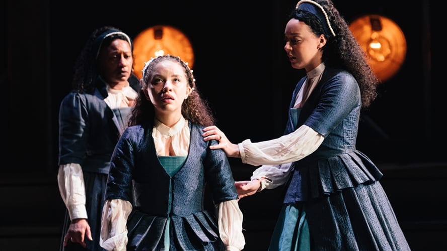 A stage scene from "Emilia" at the Vaudeville Theatre, featuring actors in period costumes.