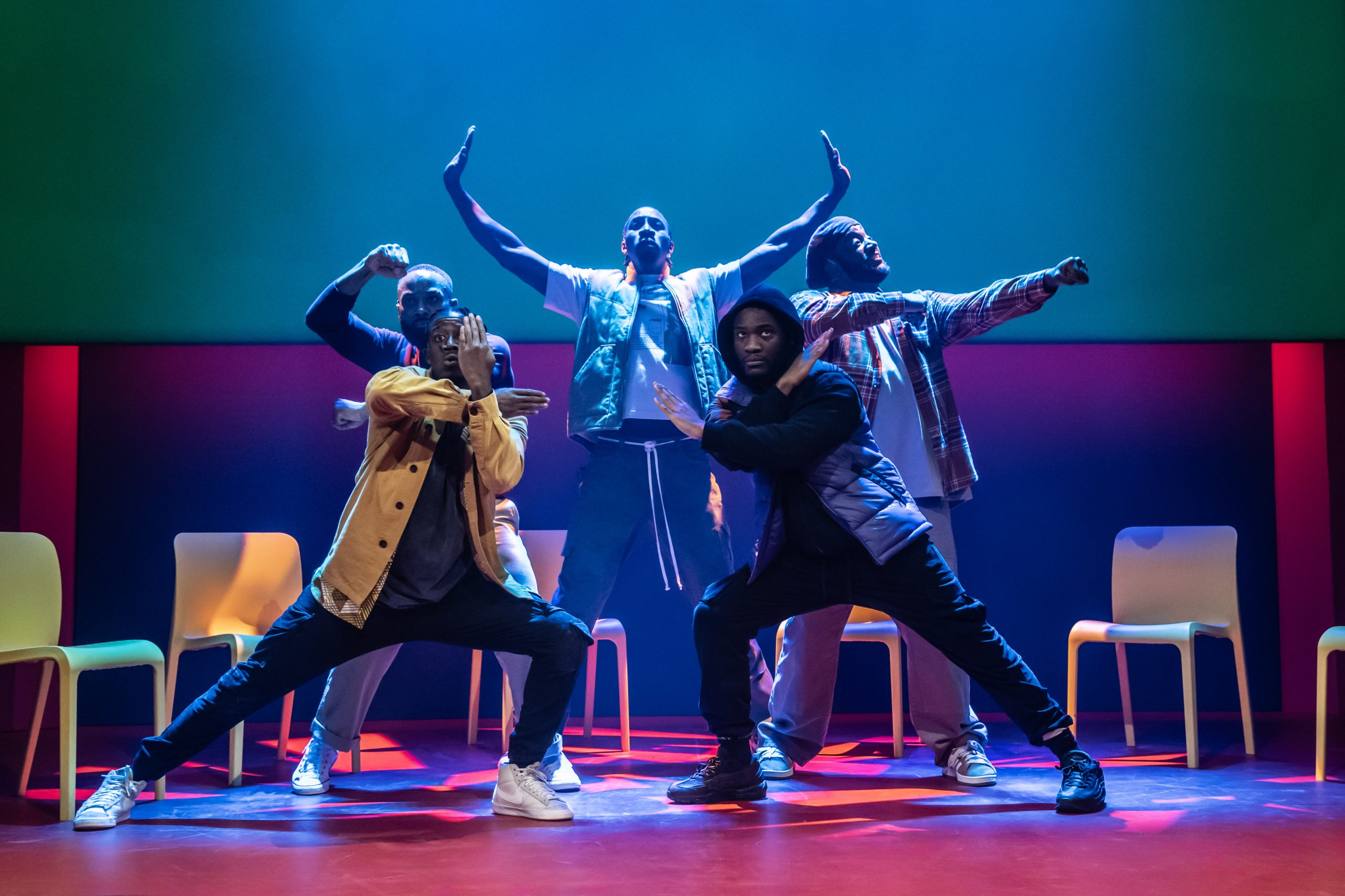 A stage scene from "For Black Boys Who Have Considered Suicide" at Apollo Theatre, London, 2024.