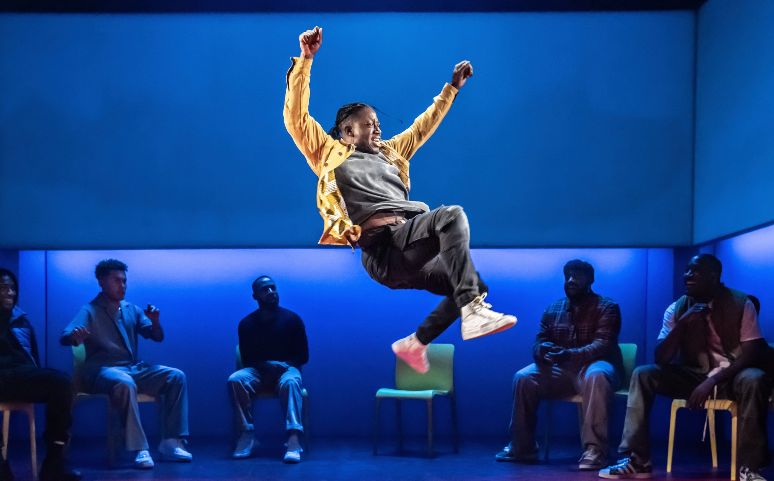 A stage scene from "For Black Boys Who Have Considered Suicide" at Apollo Theatre, London, 2024.