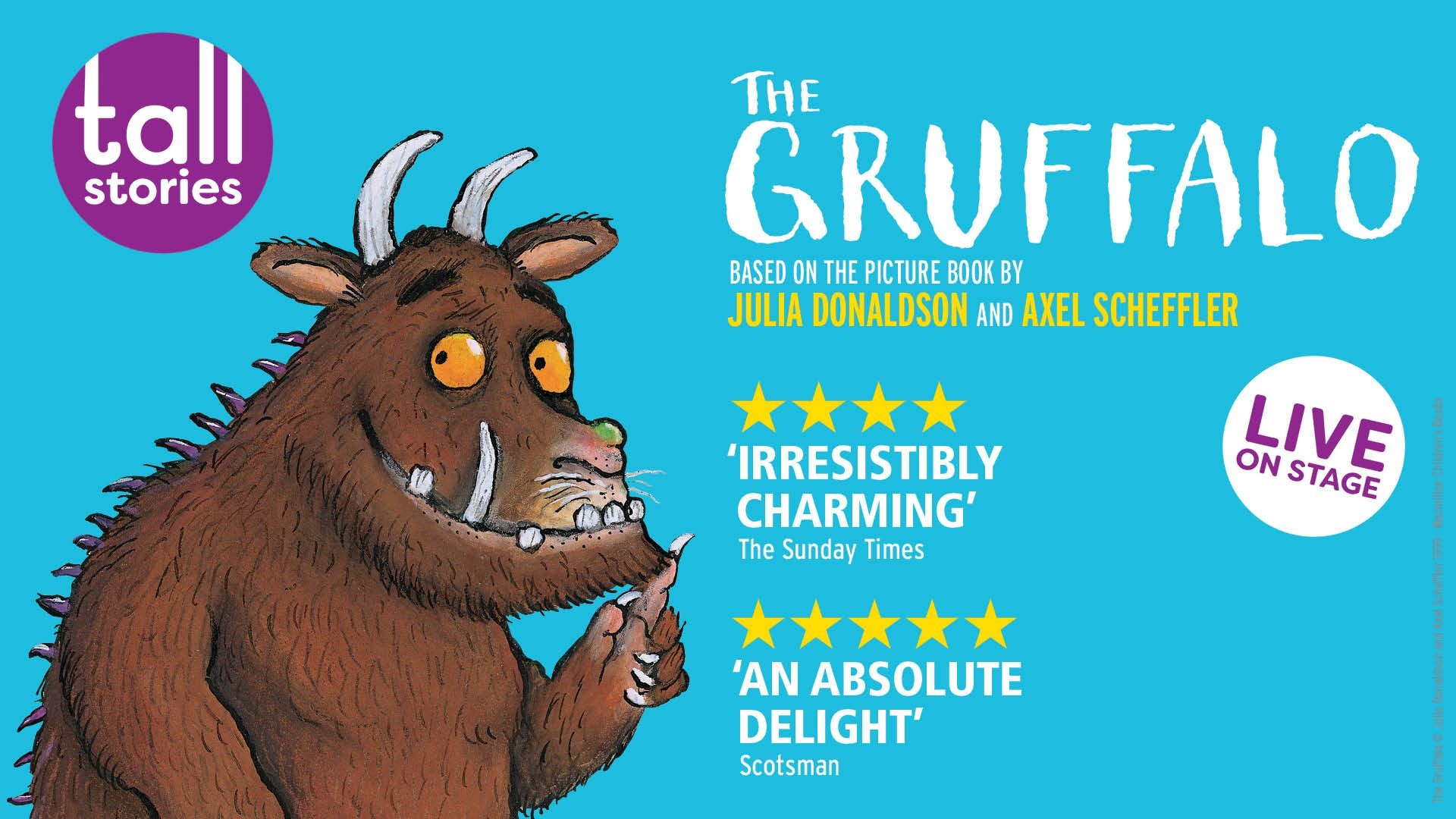 The Gruffalo, a large, furry creature with orange eyes, stands in a forest setting.