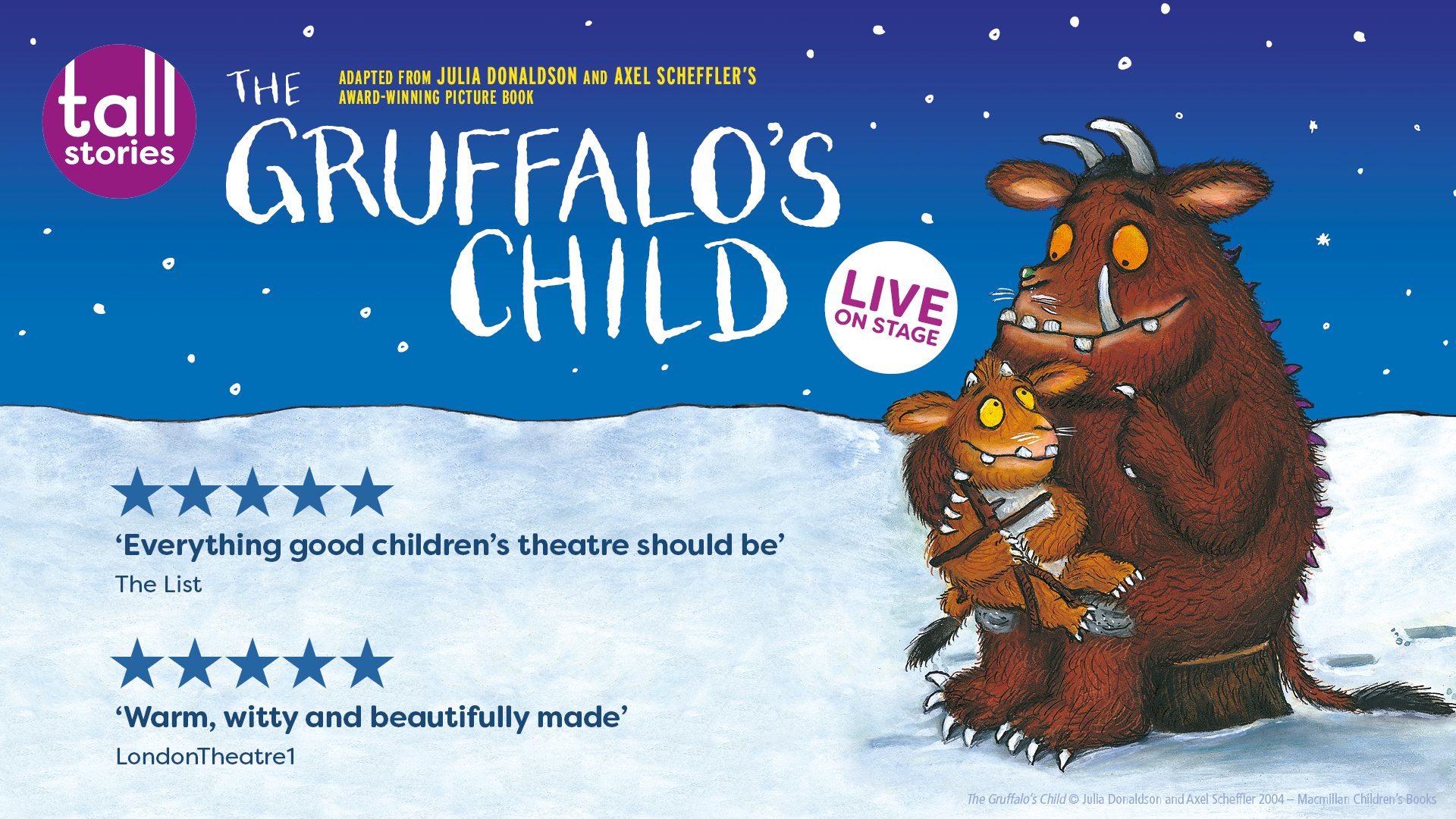 The Gruffalo's Child stands in a snowy forest, surrounded by tall trees and soft snowflakes.