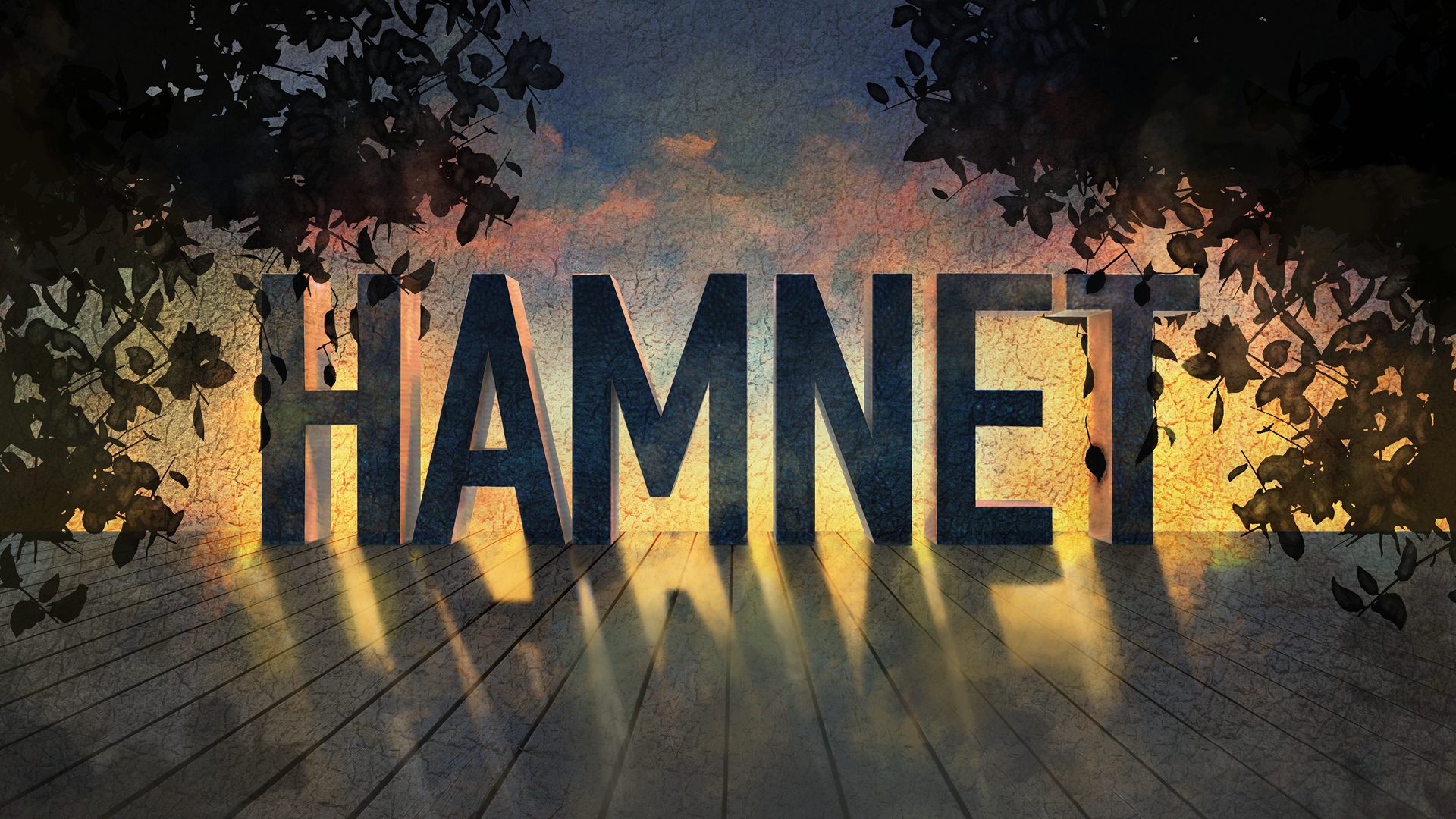Hamnet title poster featuring a dark, atmospheric background with the title in elegant typography.