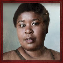 Portrait of Lindo Shinda with short hair, neutral expression, wearing a brown top against a grey background.