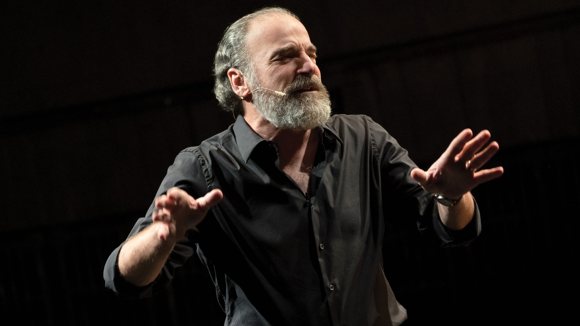 Mandy Patinkin performing on stage, illuminated by bright lights, with a captivated audience in the background.