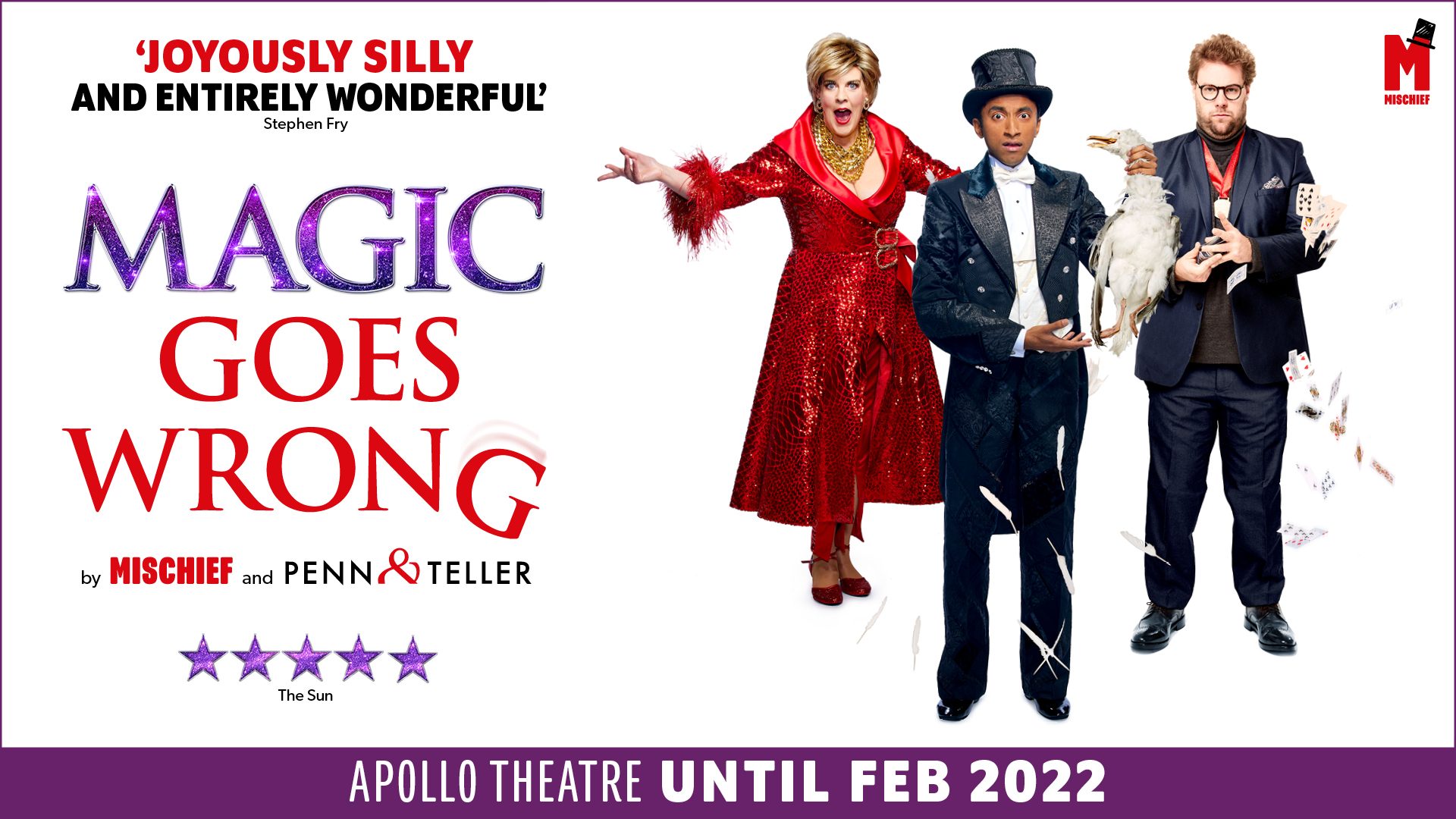 A stage scene from "Magic Goes Wrong" featuring performers in vibrant costumes and dramatic lighting.