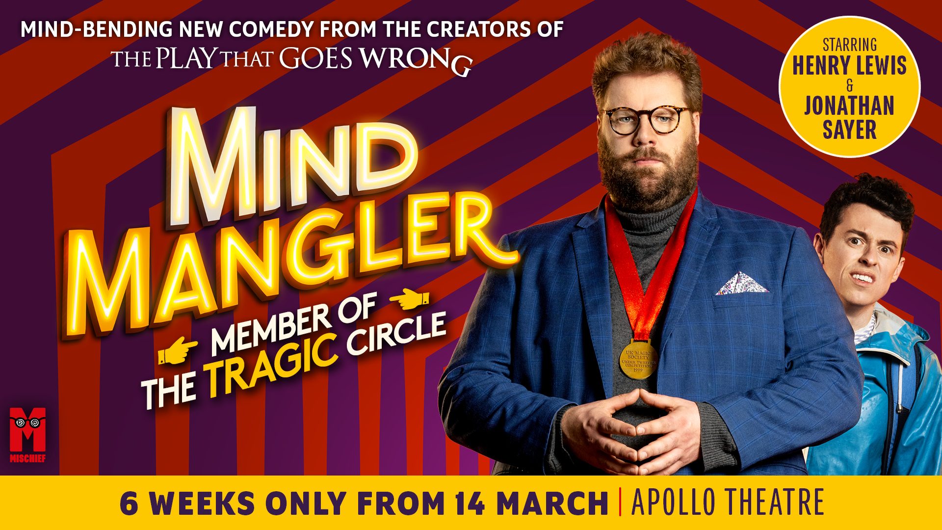 Promotional graphic for "Mind Mangler: Member of the Tragic Circle" featuring bold text and vibrant colours.