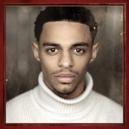 Marley Fenton, wearing a white turtleneck, gazes forward against a textured, sepia-toned background.
