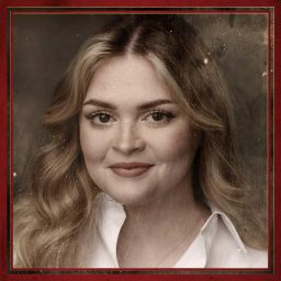 Smiling woman with long blonde hair, wearing a white shirt, against a sepia-toned background.