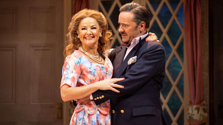 A scene from Noises Off at the Garrick Theatre, featuring actors in a comedic performance.