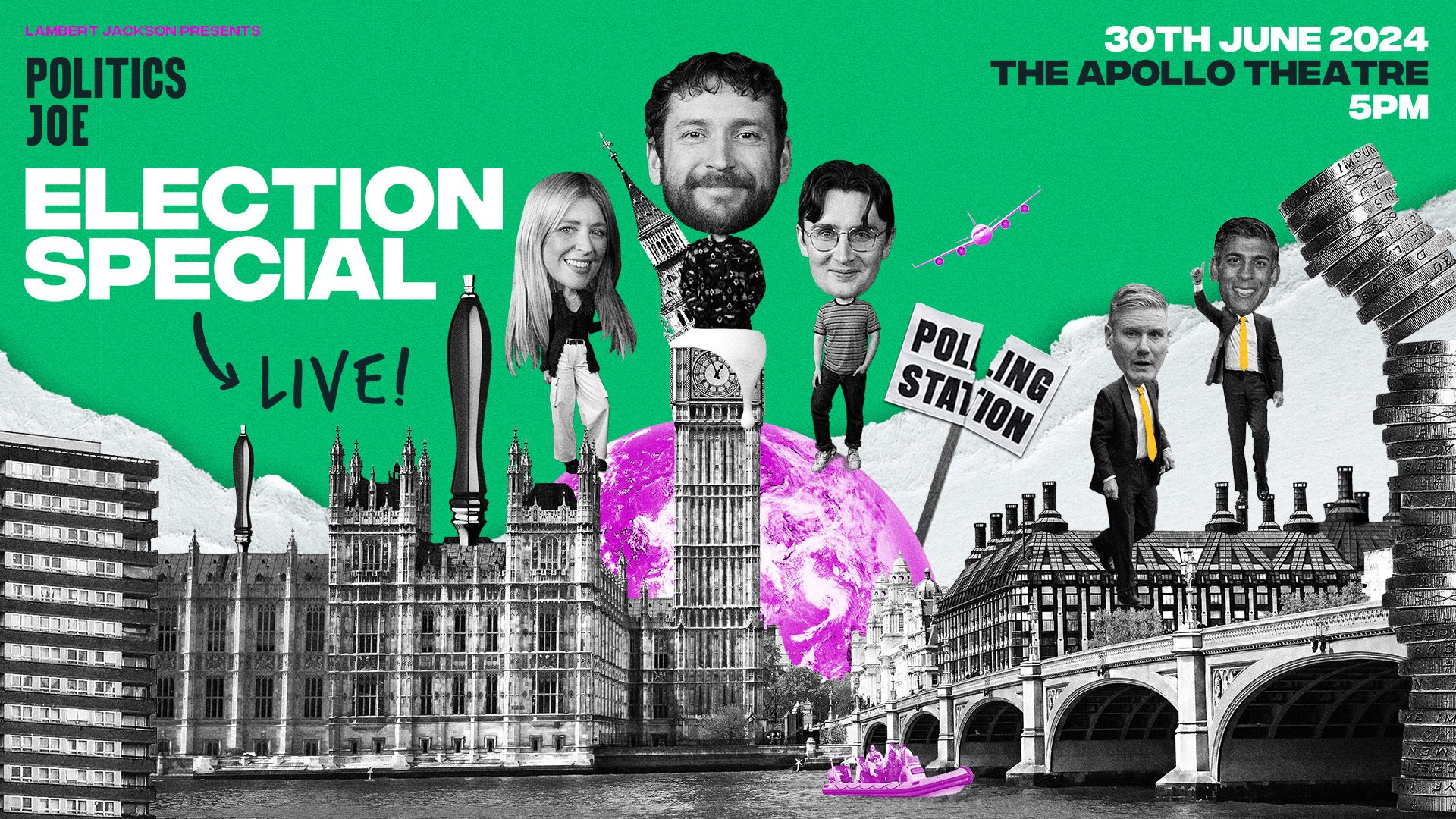 A vibrant graphic featuring the PoliticsJOE LIVE logo with bold text and dynamic background colours.