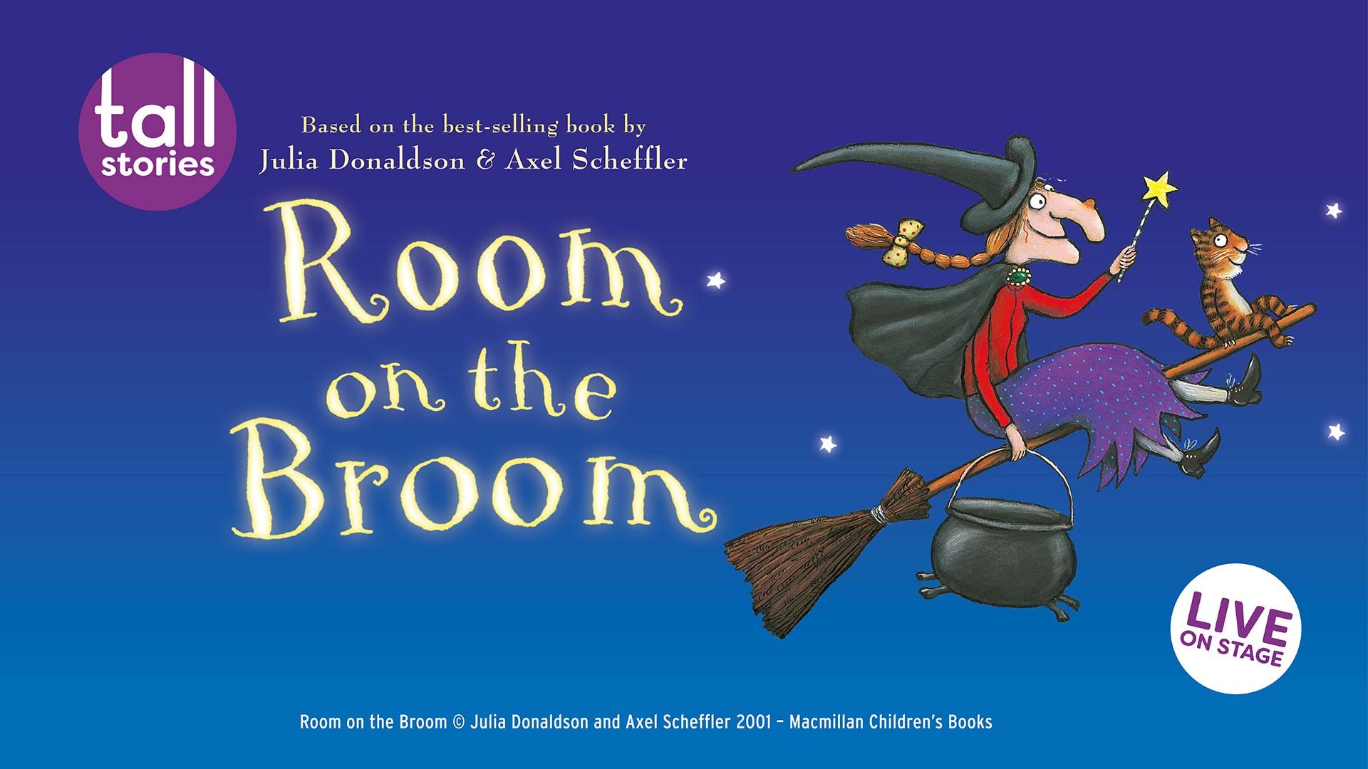 A whimsical illustration featuring a witch, a cat, and various animals on a broomstick.
