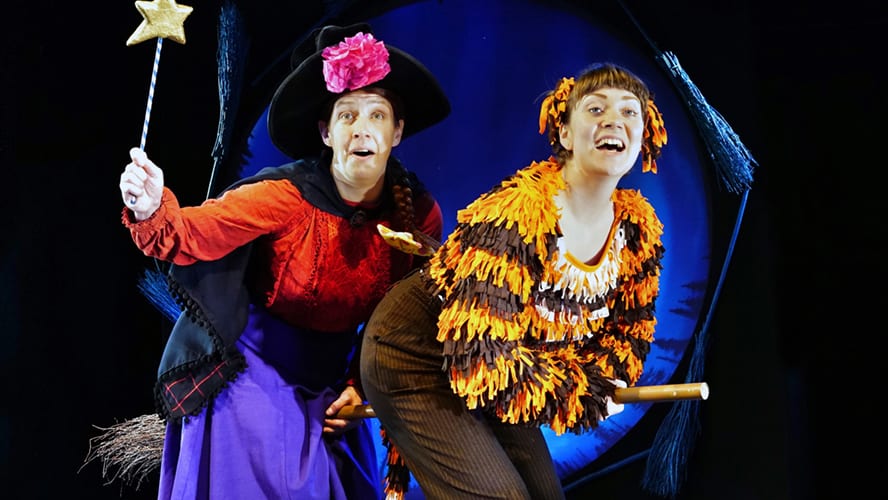 A whimsical scene featuring a witch, a cat, and various animals on a broomstick.