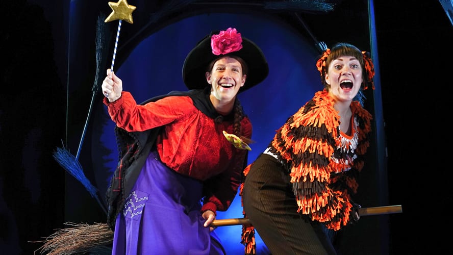A whimsical scene featuring a witch, a cat, and various animals on a broomstick.