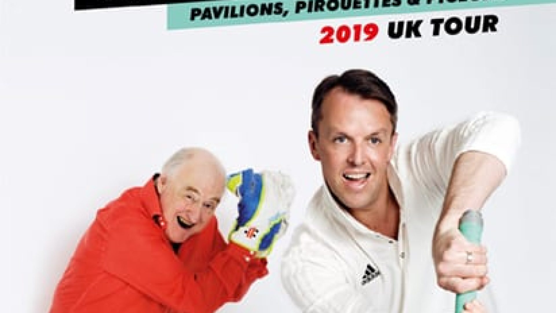 Graeme Swann and Henry Blofeld smiling together, with a cricket-themed backdrop in a lively setting.