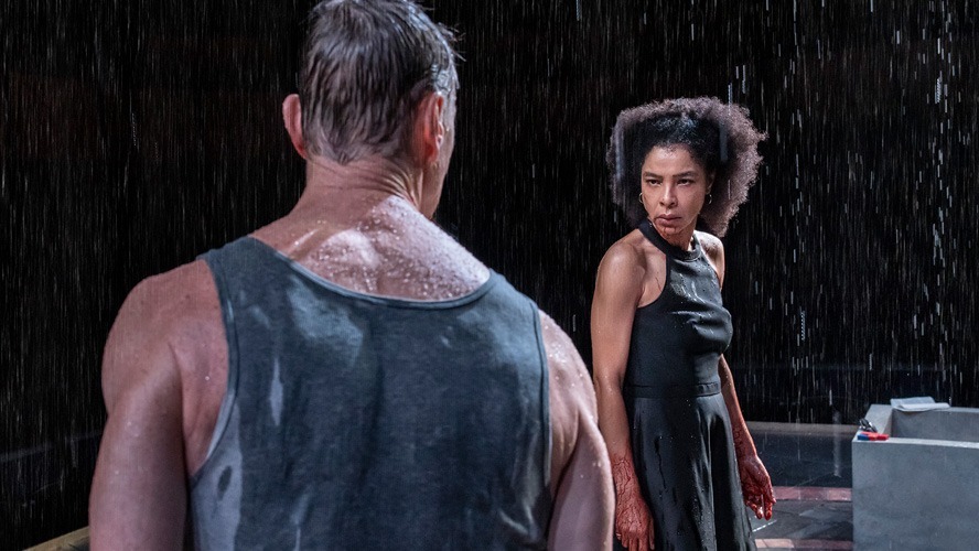 Sophie Okonedo and Ben Daniels performing in a dramatic scene from Medea at Soho Place.