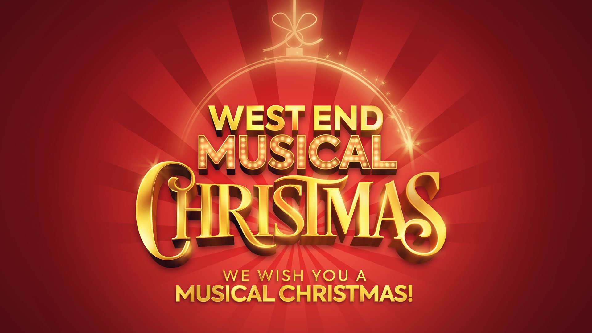 A festive stage scene featuring performers in vibrant costumes, decorated Christmas trees, and bright lights.