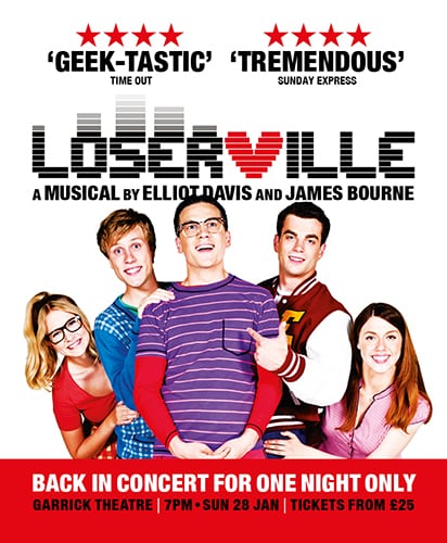 A vibrant theatre poster for "Loserville" featuring colourful graphics and bold typography.