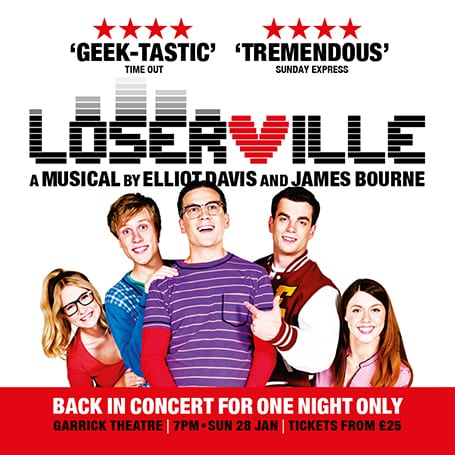 A vibrant theatre poster for "Loserville" featuring bold typography and colourful graphics.
