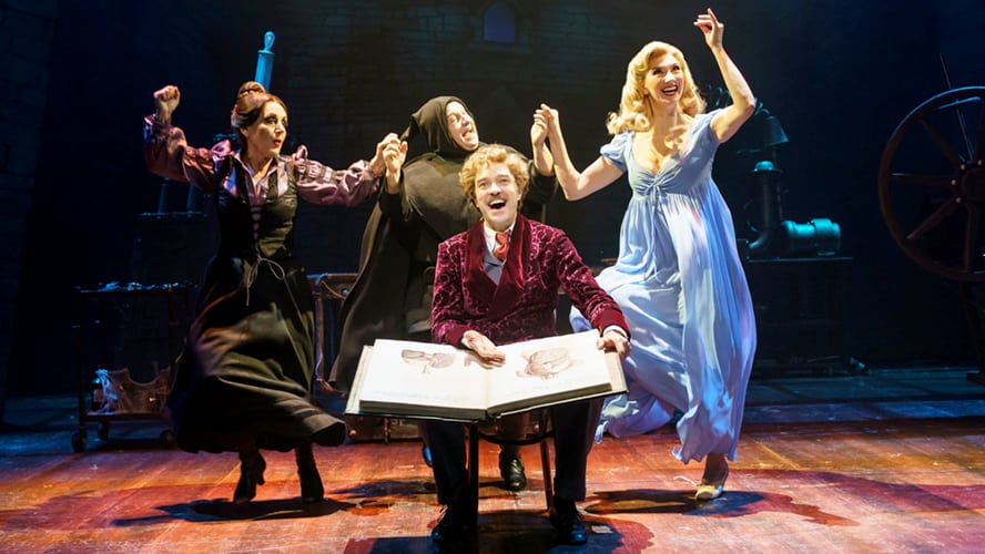A scene from Young Frankenstein featuring characters in period costumes, with dramatic lighting and props.