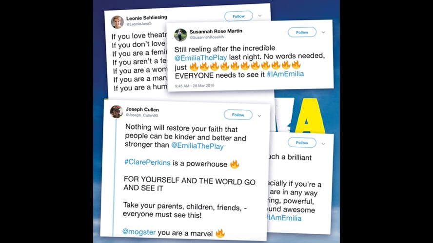 Emilia's tweet displayed on a video card with a vibrant background and engaging text.