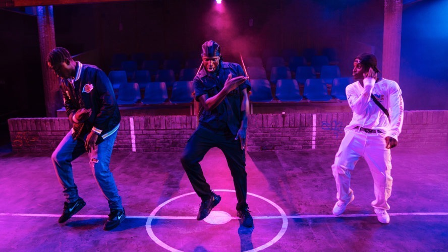 Emeka Sesay, Kedar Williams-Stirling, and Francis Lovehall performing on stage at Bush Theatre.