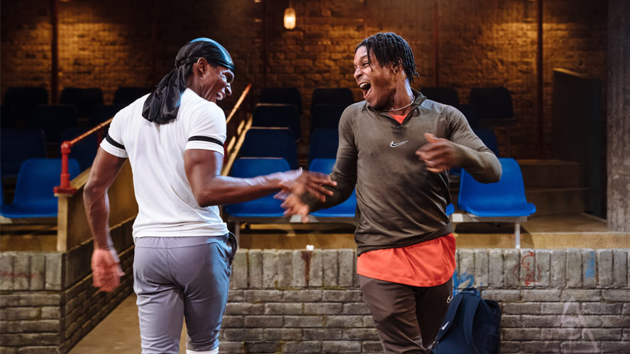 Kedar Williams-Stirling as Bilal and Francis Lovehall as Omz in Red Pitch at Bush Theatre.