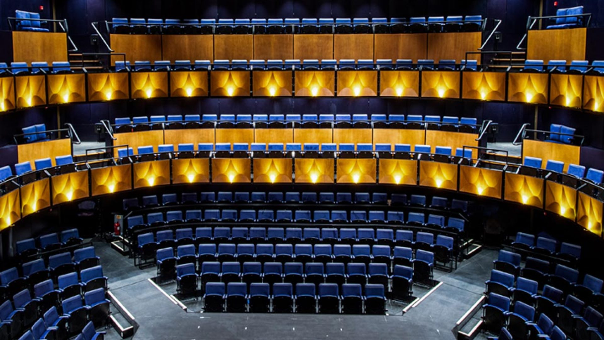 Modern auditorium with tiered seating, large screen, and ambient lighting in a sleek design.