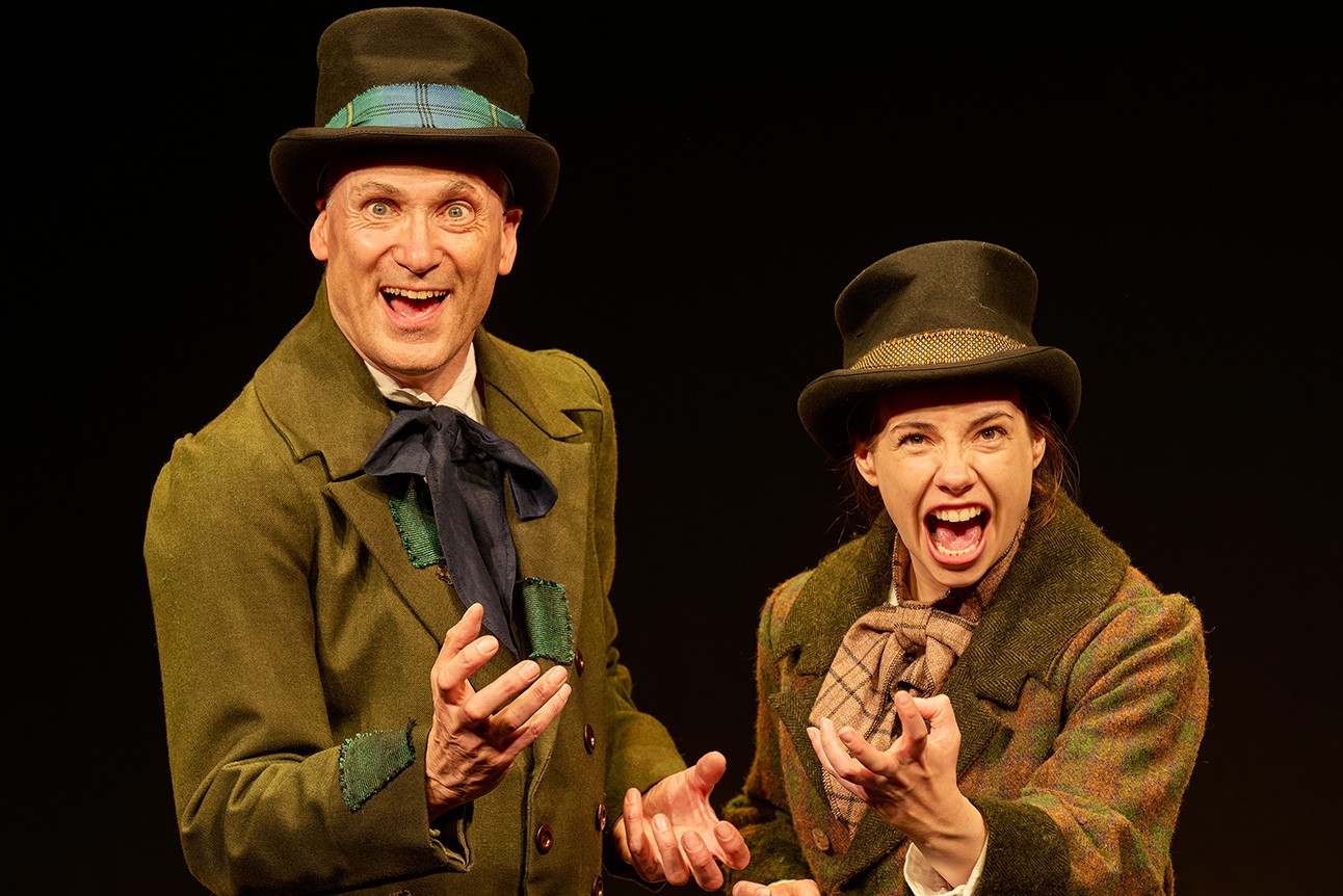 A vibrant stage scene from Horrible Histories: Barmy Britain featuring characters in historical costumes.