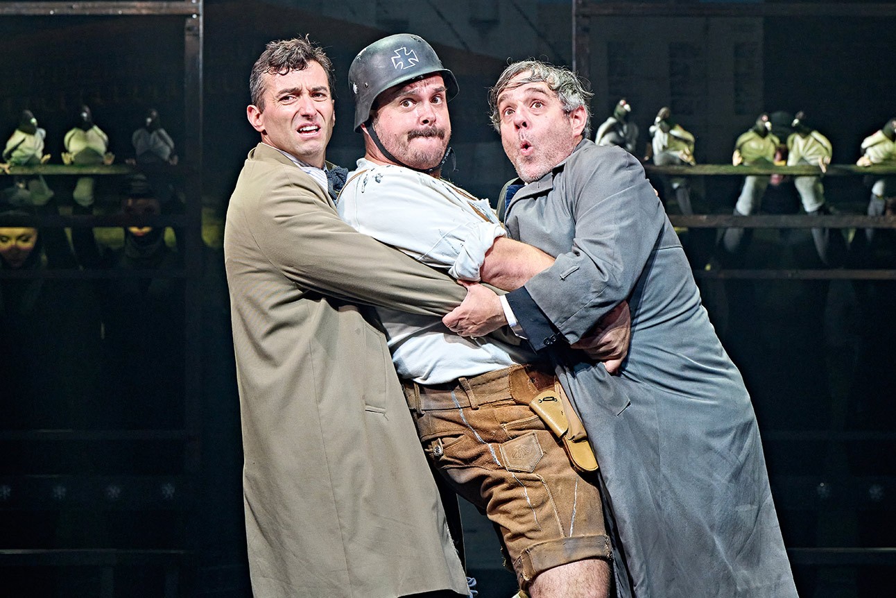 Marc Antolin as Leo Bloom, Harry Morrison as Franz Leibkind, and Andy Nyman as Max Bialystock.