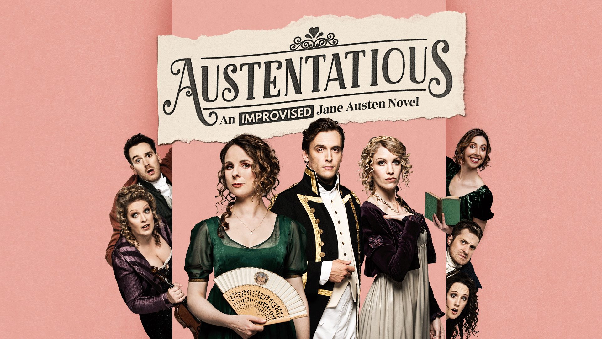 Austentatious promotional poster featuring elegant typography and a classic book design against a textured background.