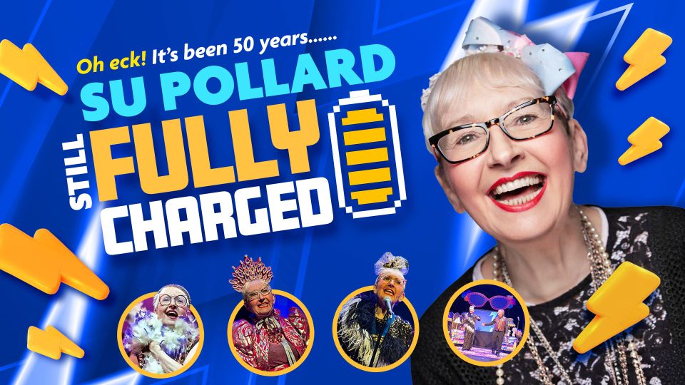 Su Pollard smiling, wearing a stylish outfit, with a vibrant background and bright lighting.