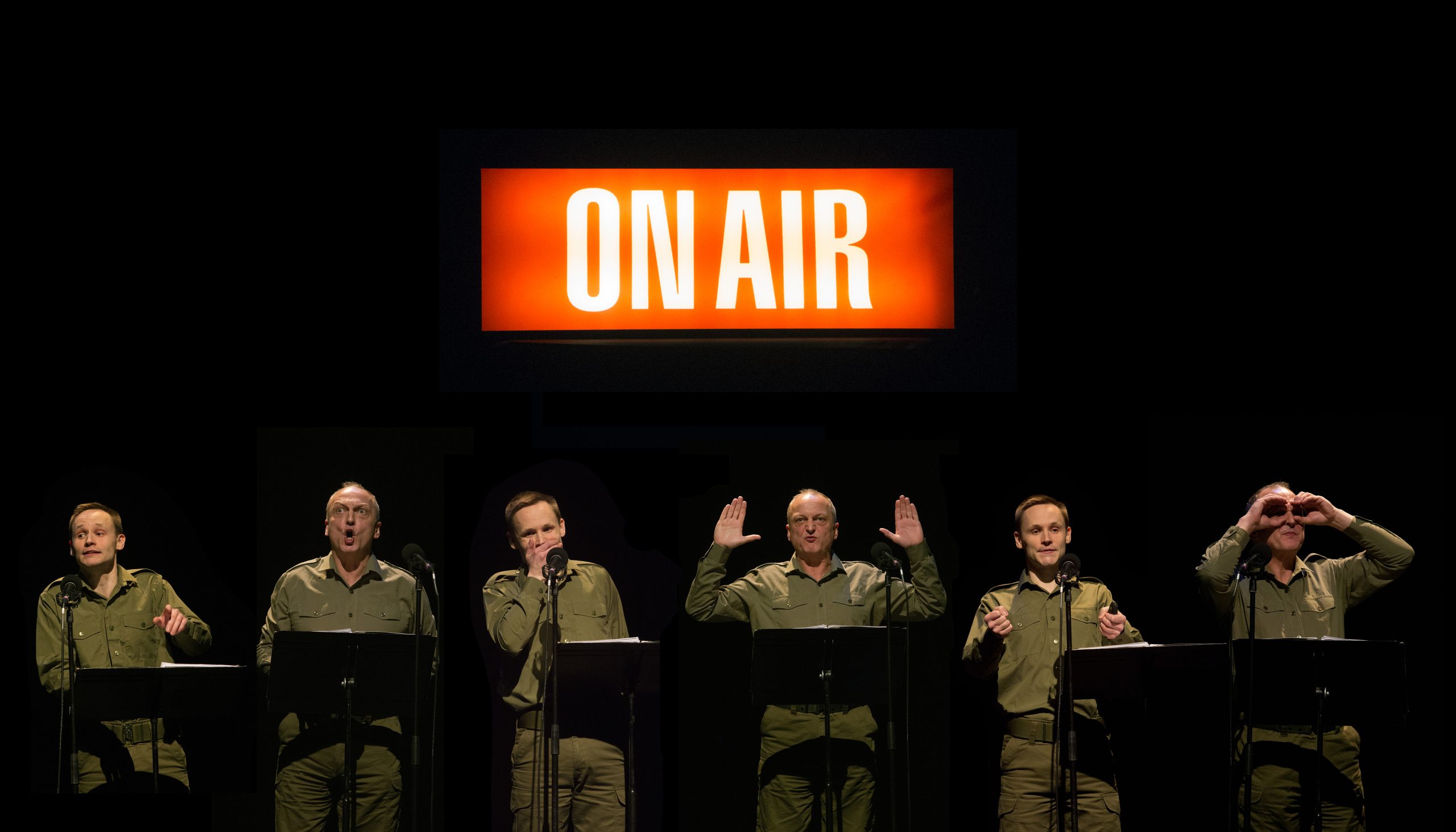 On Air sign with bright lights, featuring the title "Dad’s Army Radio Show" prominently displayed.