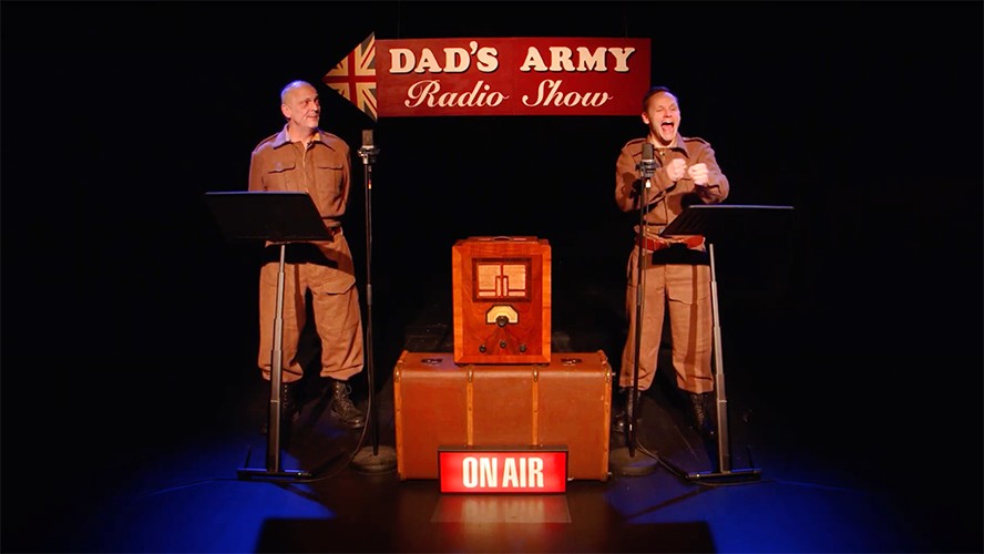 Screenshot displaying a scene from Dad's Army Radio Show with characters and dialogue bubbles.