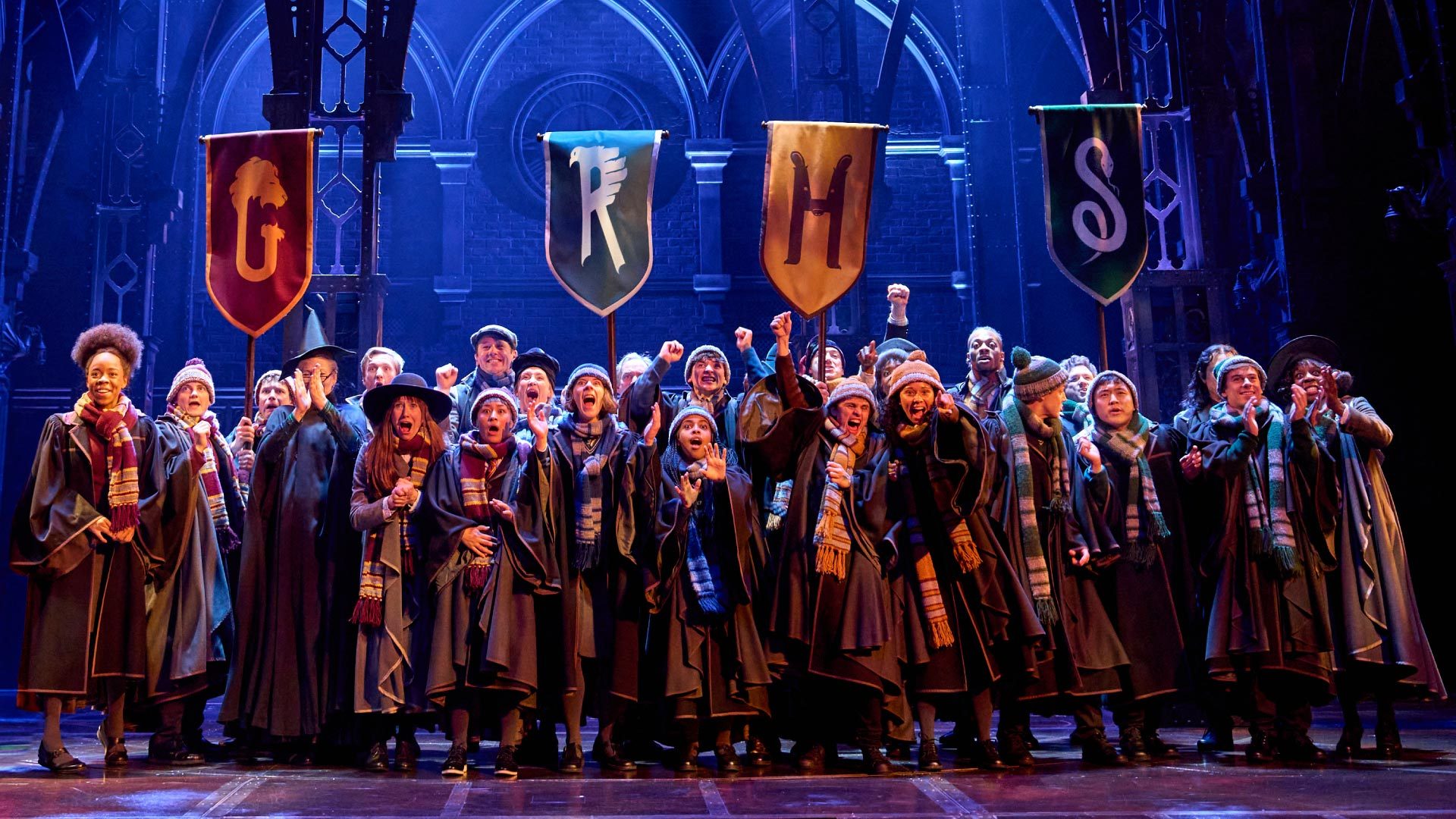 Harry Potter and the Cursed Child Nimax Theatres logo on a static desktop background featuring a dark, elegant design.