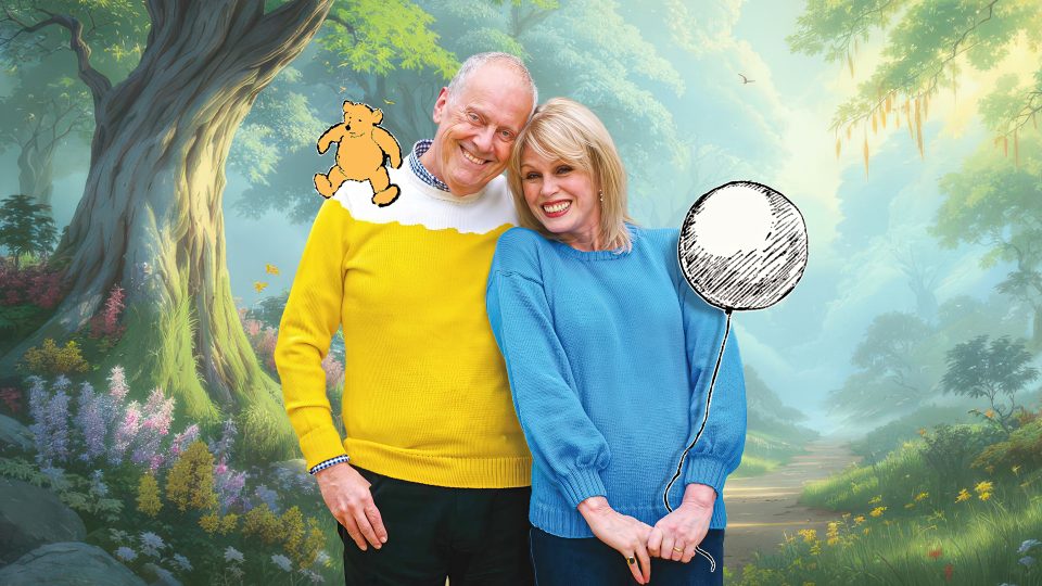 Gyles and Joanna celebrating Winnie-the-Pooh with themed decorations and cheerful expressions.