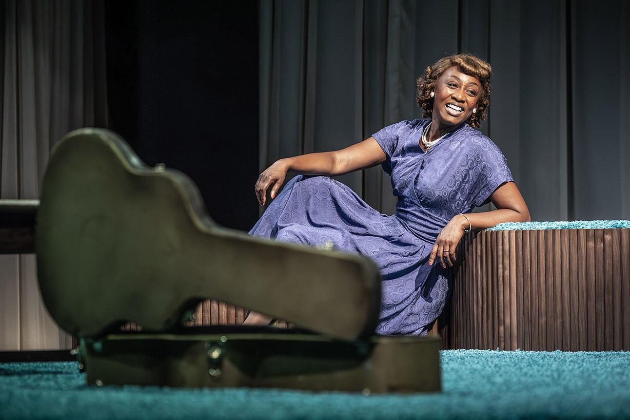 Beverley Knight as Rosetta Tharpe performing on stage at the Rose Theatre, Chichester.