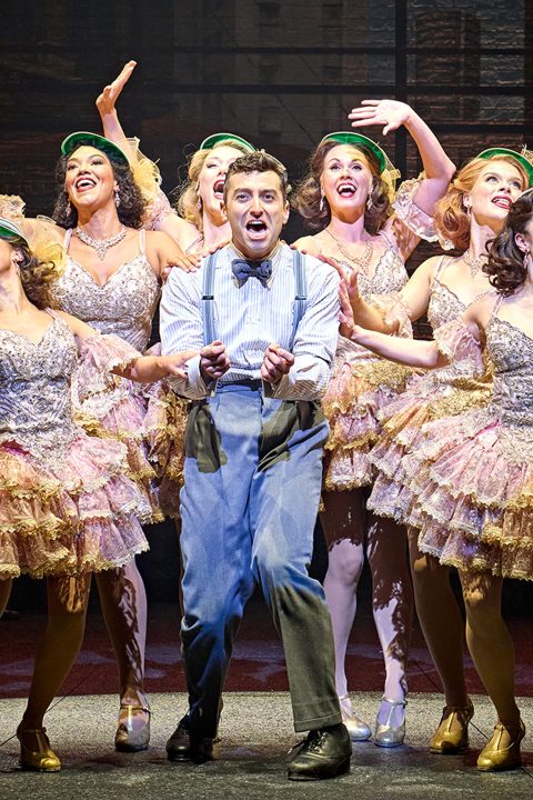 Marc Antolin as Leo Bloom, surrounded by the cast of The Producers, performing on stage.