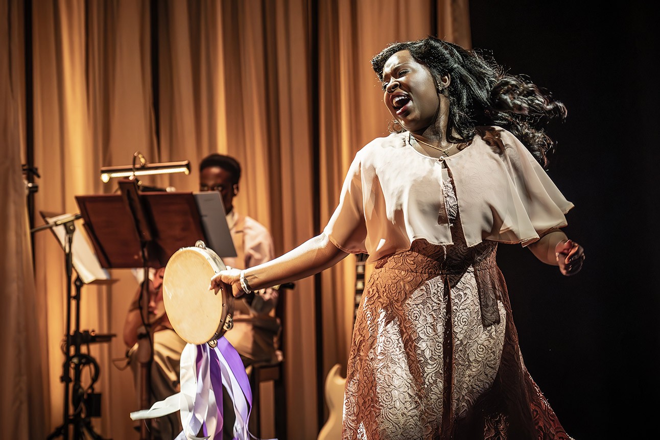 Ntombizodwa Ndlovu as Marie Knight performing on stage at the Rose Theatre, Chichester.
