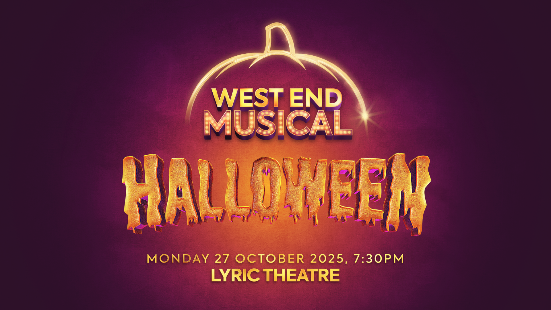 A vibrant Halloween-themed stage set with pumpkins, cobwebs, and theatrical lighting.